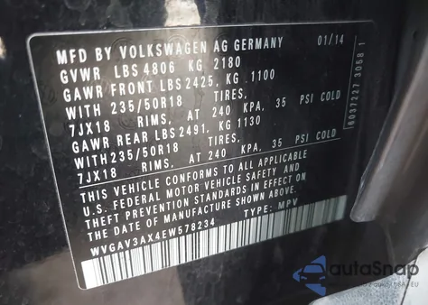 2014 Volkswagen Tiguan Sel z USA, uszkodzony, nr VIN WVGAV3AX4EW578234